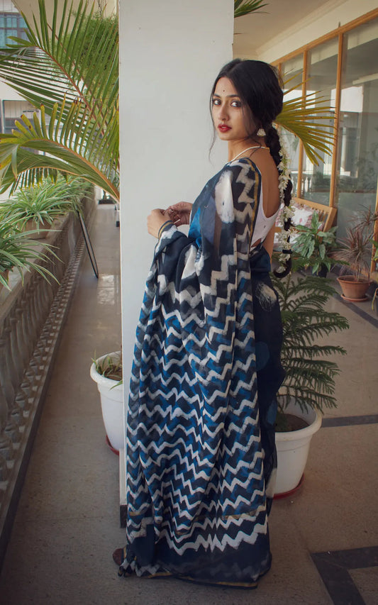 Sunaina - Indigo Dabu Cotton Silk Saree