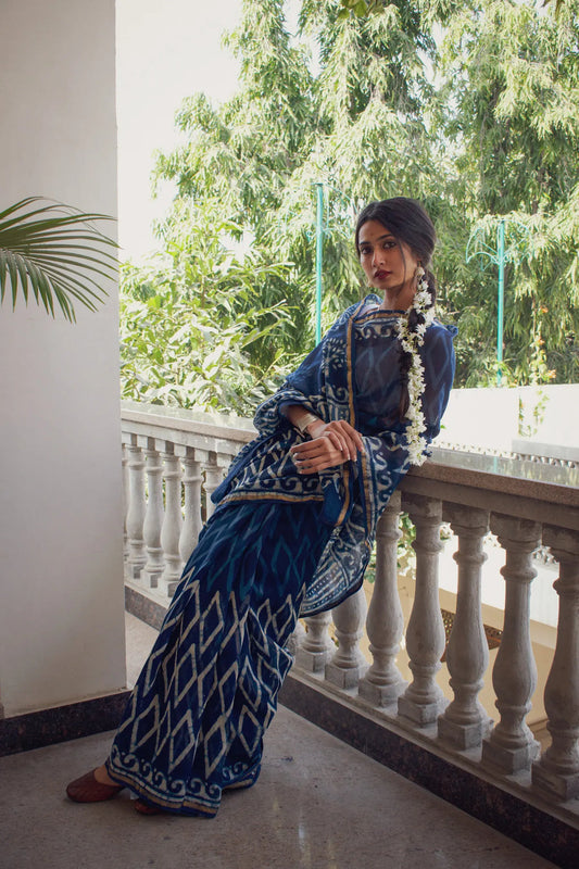 Heer - Indigo Dabu Print Cotton Silk Saree