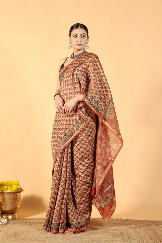 Bagru Brick Tale Cotton Silk Saree