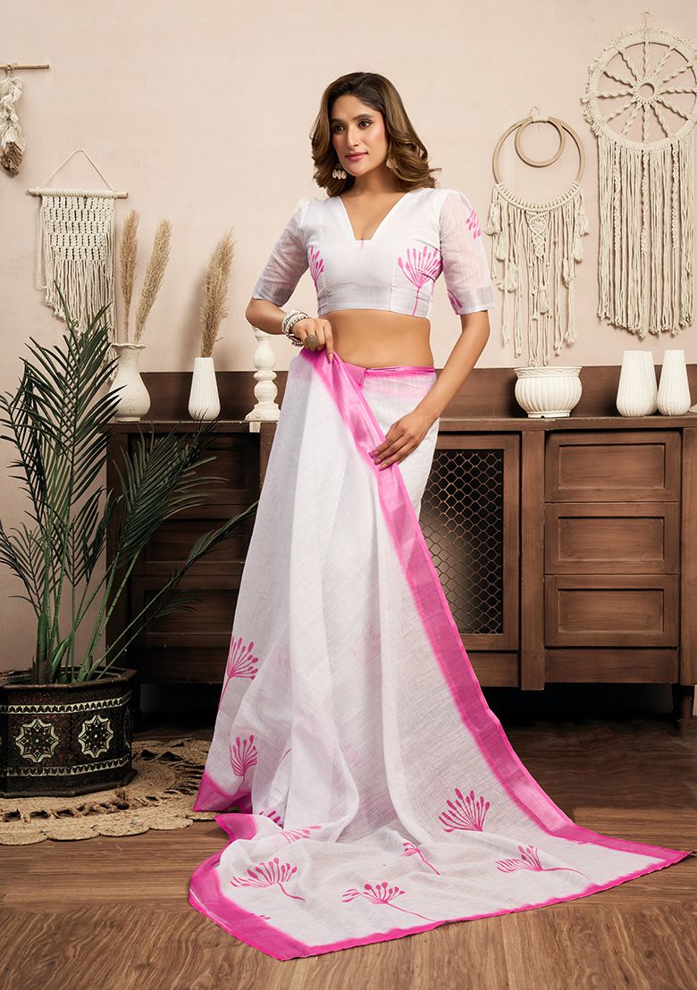Pink white Modern Linen Saree with Unstitched Blouse