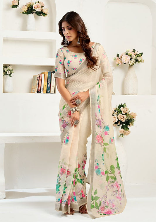 Multicolor Flower Print Linen Saree with Unstitched Blouse