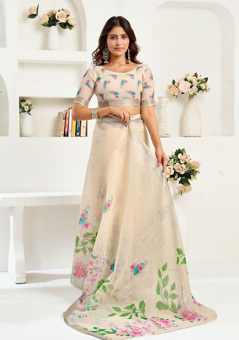 Multicolor Flower Print Linen Saree with Unstitched Blouse