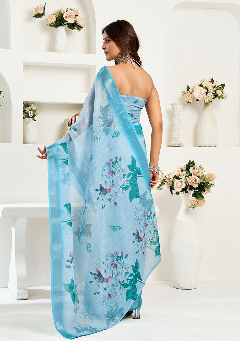 Multicolor Flower Print Linen Saree with Unstitched Blouse