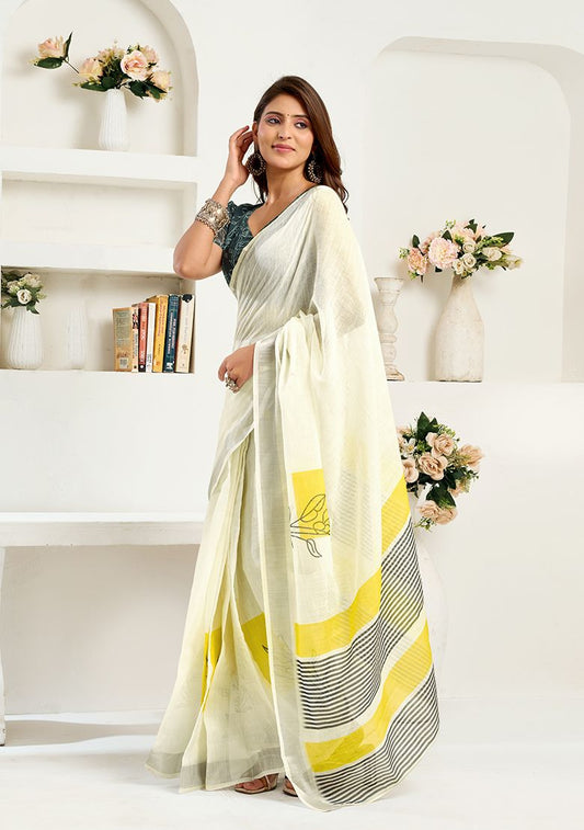 White Digital Print Linen Saree with Unstitched Blouse