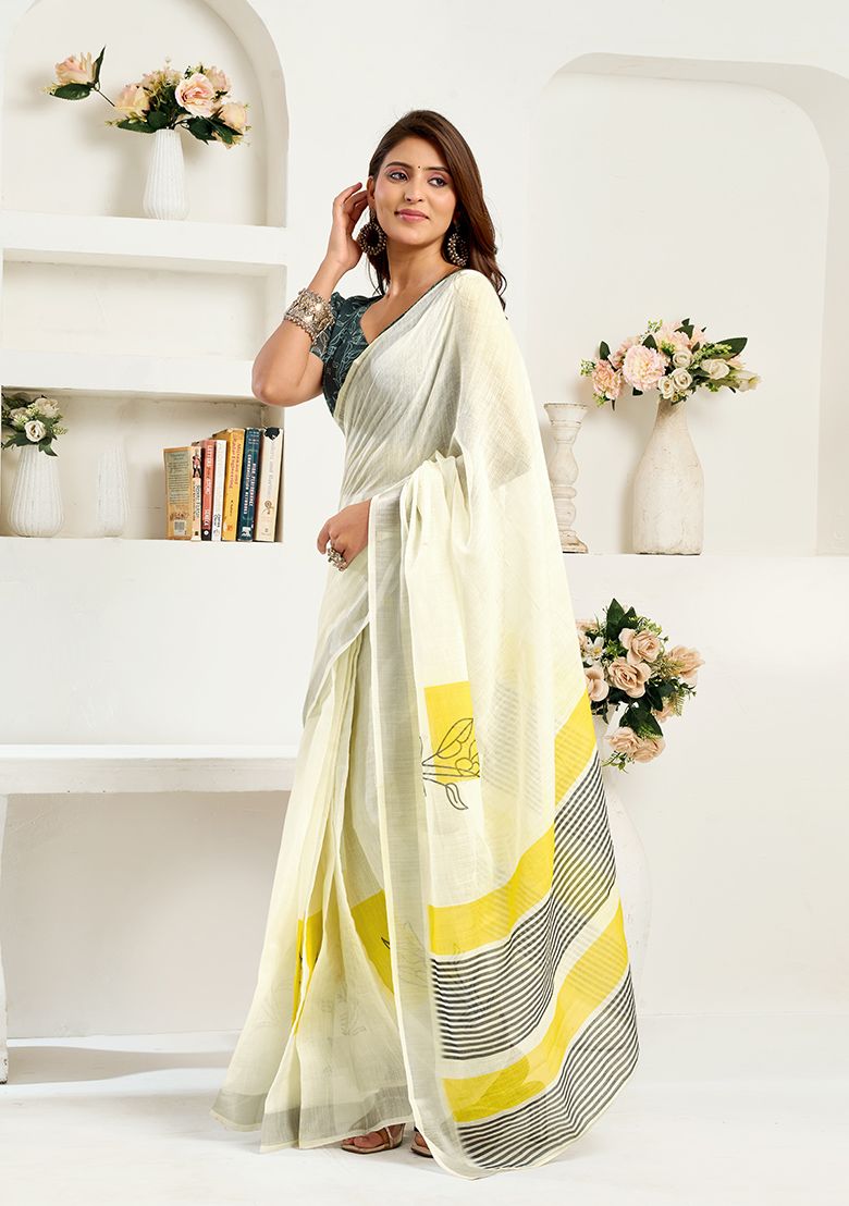 White Digital Print Linen Saree with Unstitched Blouse