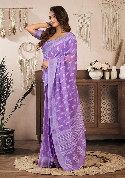 Excellent Digital Print Linen Saree with Unstitched Blouse