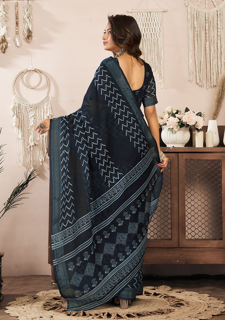 Black Digital Print Linen Saree with Unstitched Blouse