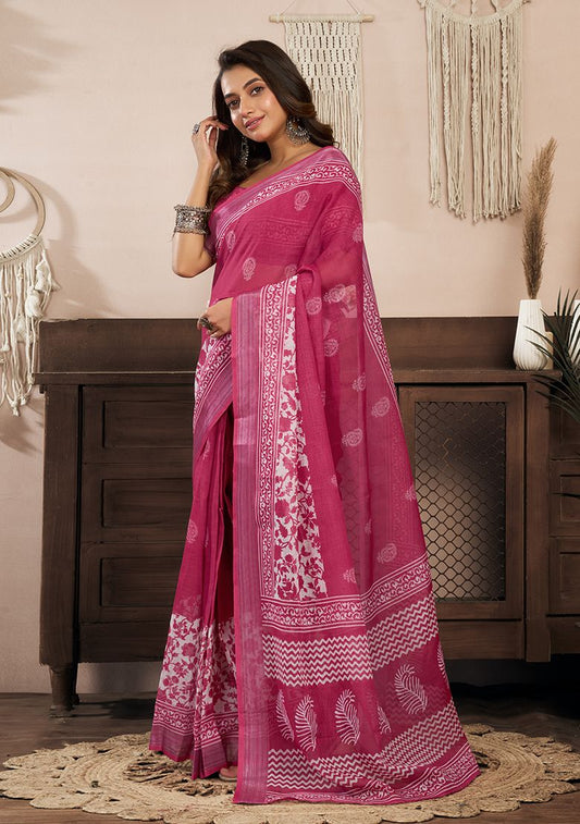 Wine Digital Print Linen Saree with Unstitched Blouse