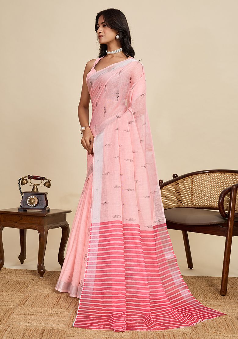Pink Digital Print Linen Saree with Unstitched Blouse