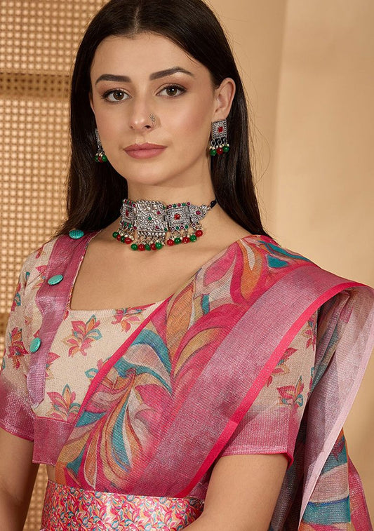 Multicolor Digital Print Linen Saree with Unstitched Blouse
