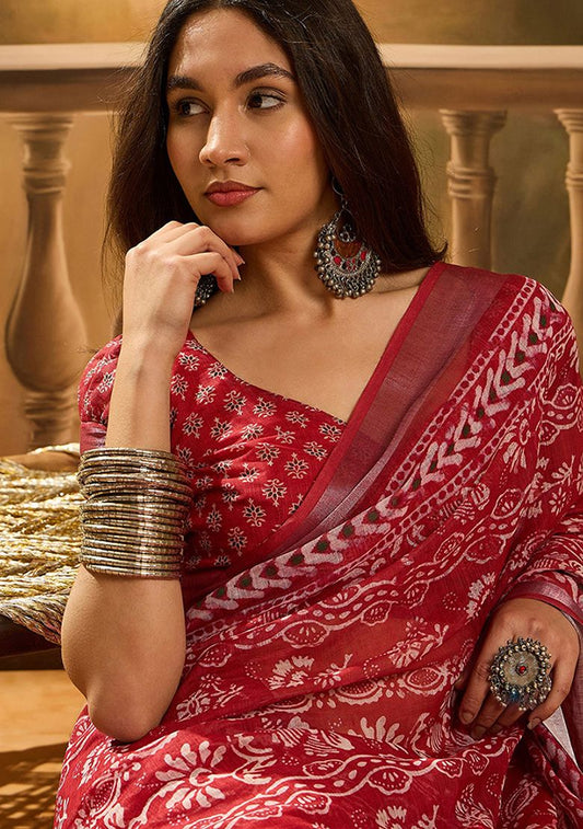 Red Digital Print Linen Saree with Unstitched Blouse