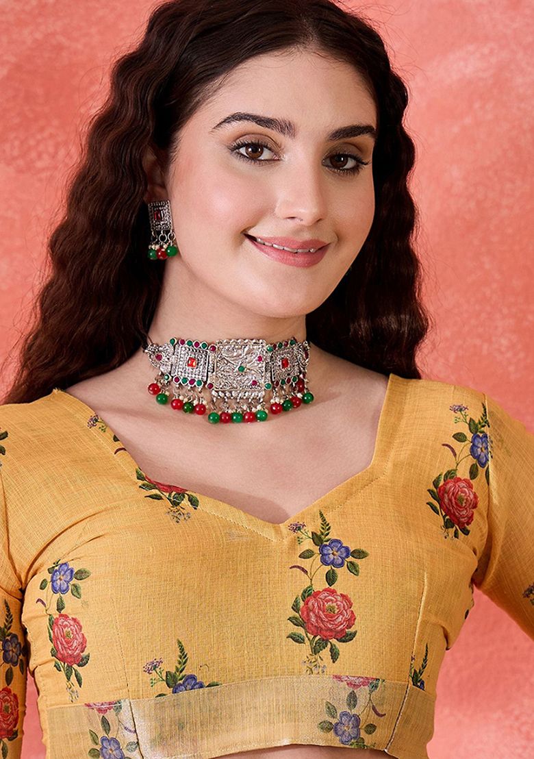 Multi Flower Digital Print Linen Saree with Unstitched Blouse