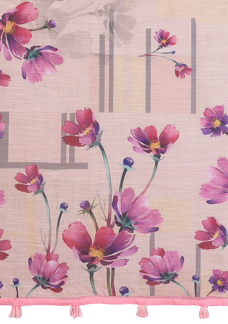 Multi Flower Digital Print Linen Saree with Unstitched Blouse