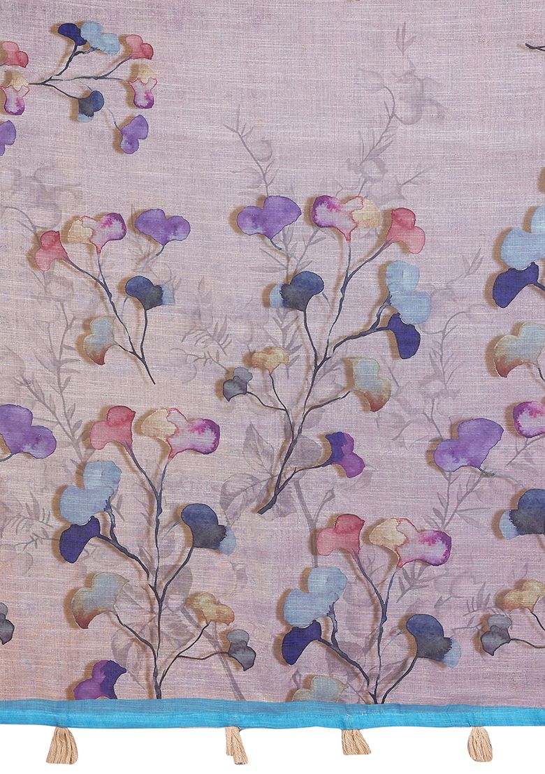Multi Flower Digital Print Linen Saree with Unstitched Blouse