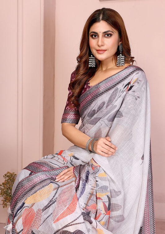 Multi Flower Digital Print Linen Saree with Unstitched Blouse