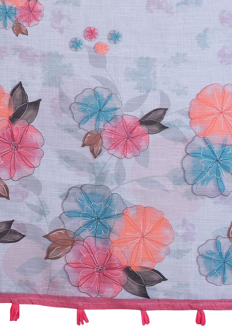 Multi Flower Digital Print Linen Saree with Unstitched Blouse