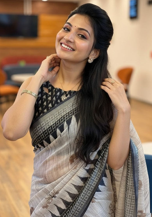 Premium Digital Print Linen Saree with Unstitched Blouse