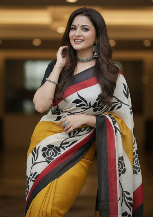 Modern Digital Print Linen Saree with Unstitched Blouse