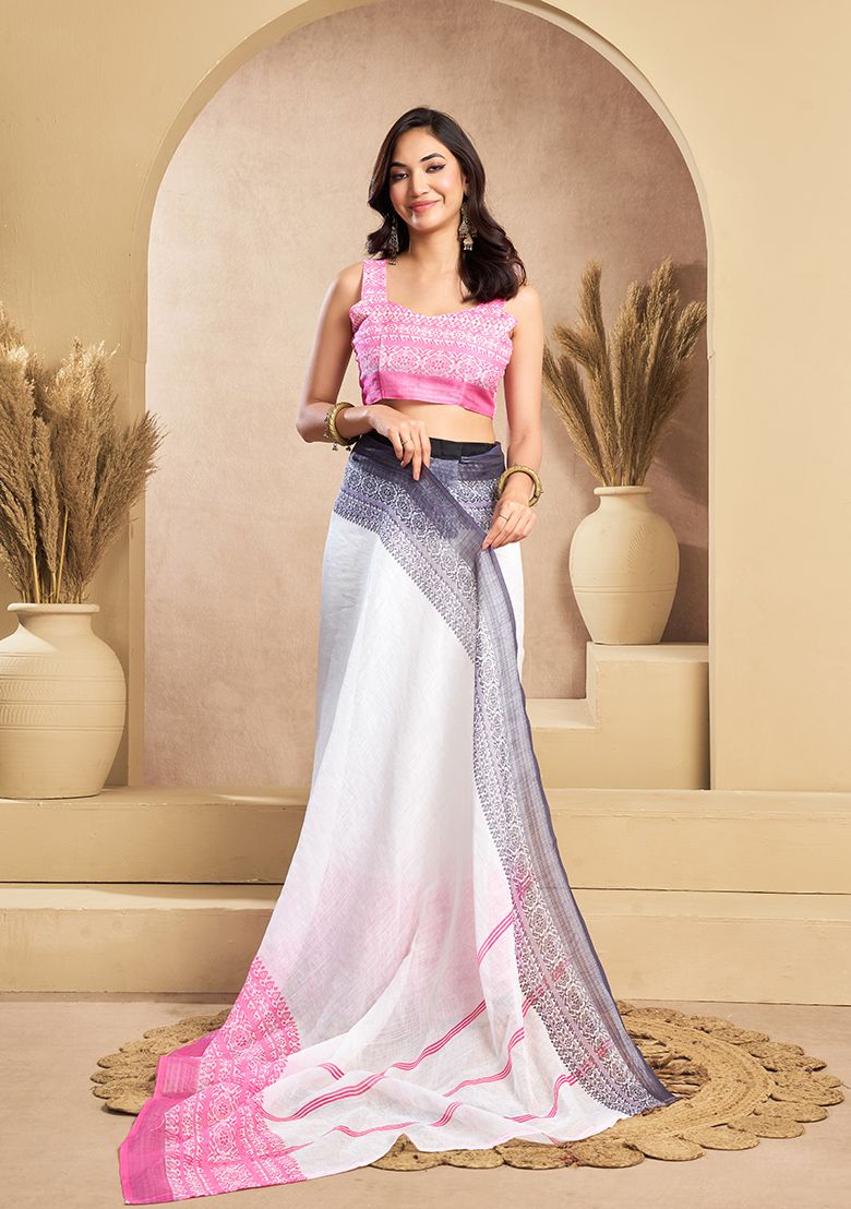 New Digital Print Linen Saree with Unstitched Blouse