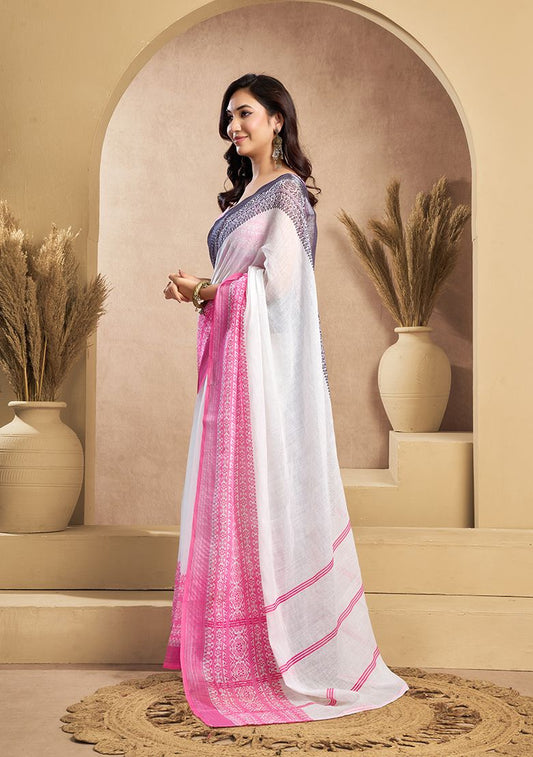 New Digital Print Linen Saree with Unstitched Blouse
