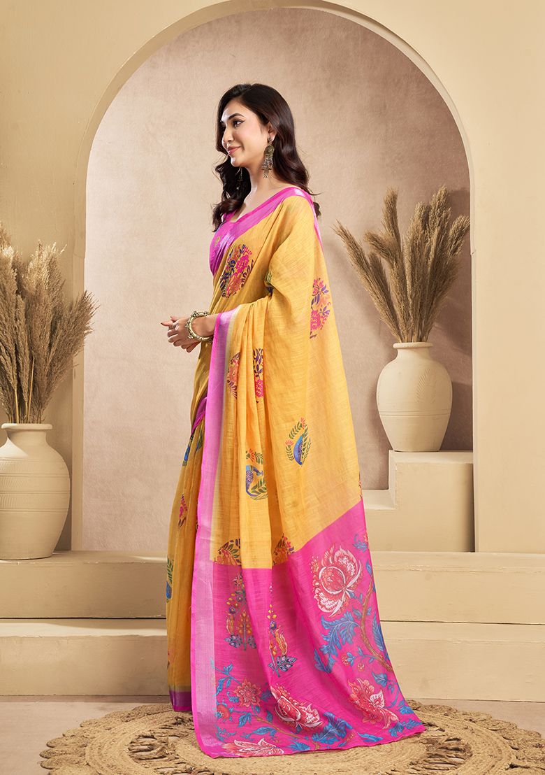 Luxury Flower Print Digital Printed Linen Saree With Elegant Unstitched Blouse Piece