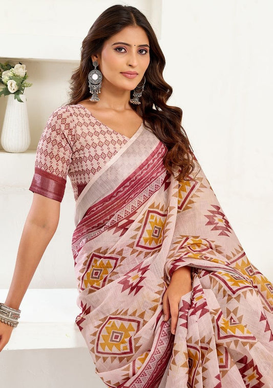Multicolor Print Digital Printed Linen Saree With Elegant Unstitched Blouse Piece