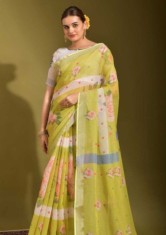 Superb Yellow Digital Flower Printed Linen Saree With Elegant Unstitched Blouse Piece