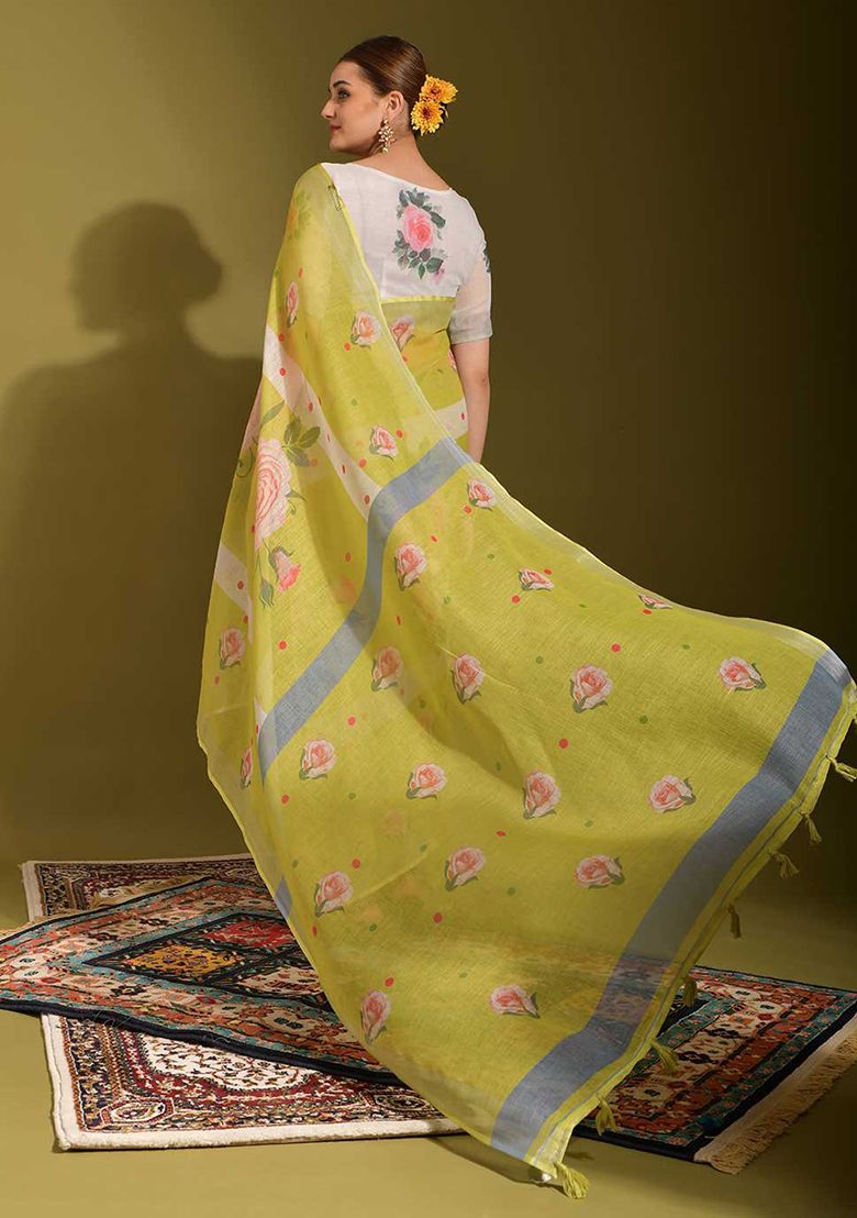 Superb Yellow Digital Flower Printed Linen Saree With Elegant Unstitched Blouse Piece