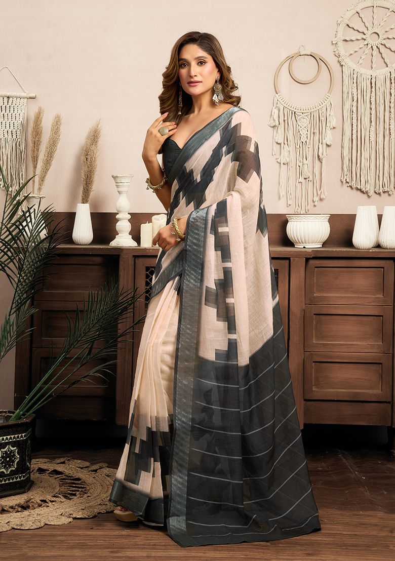 Multicolor Digital Printed Linen Saree With Elegant Unstitched Blouse Piece