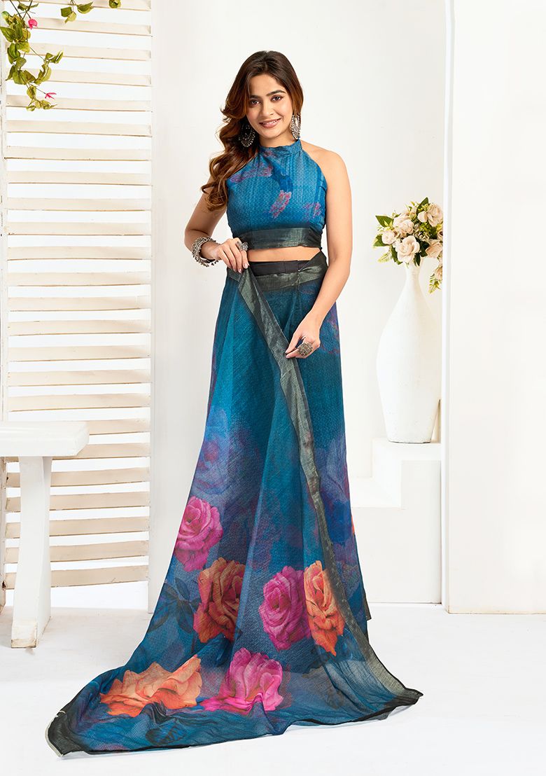 Flower Digital Printed Linen Saree With Elegant Unstitched Blouse Piece