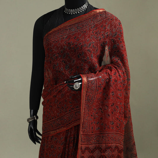 Red Azrak Print Mul Cotton Saree With Unstitched Blouse Piece