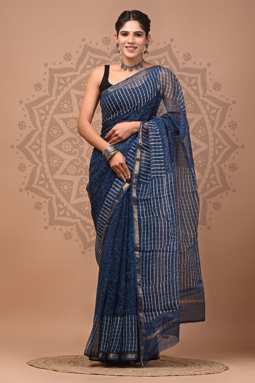 Navy Blue Digital Print Mul Cotton Saree With Unstitched Blouse Piece