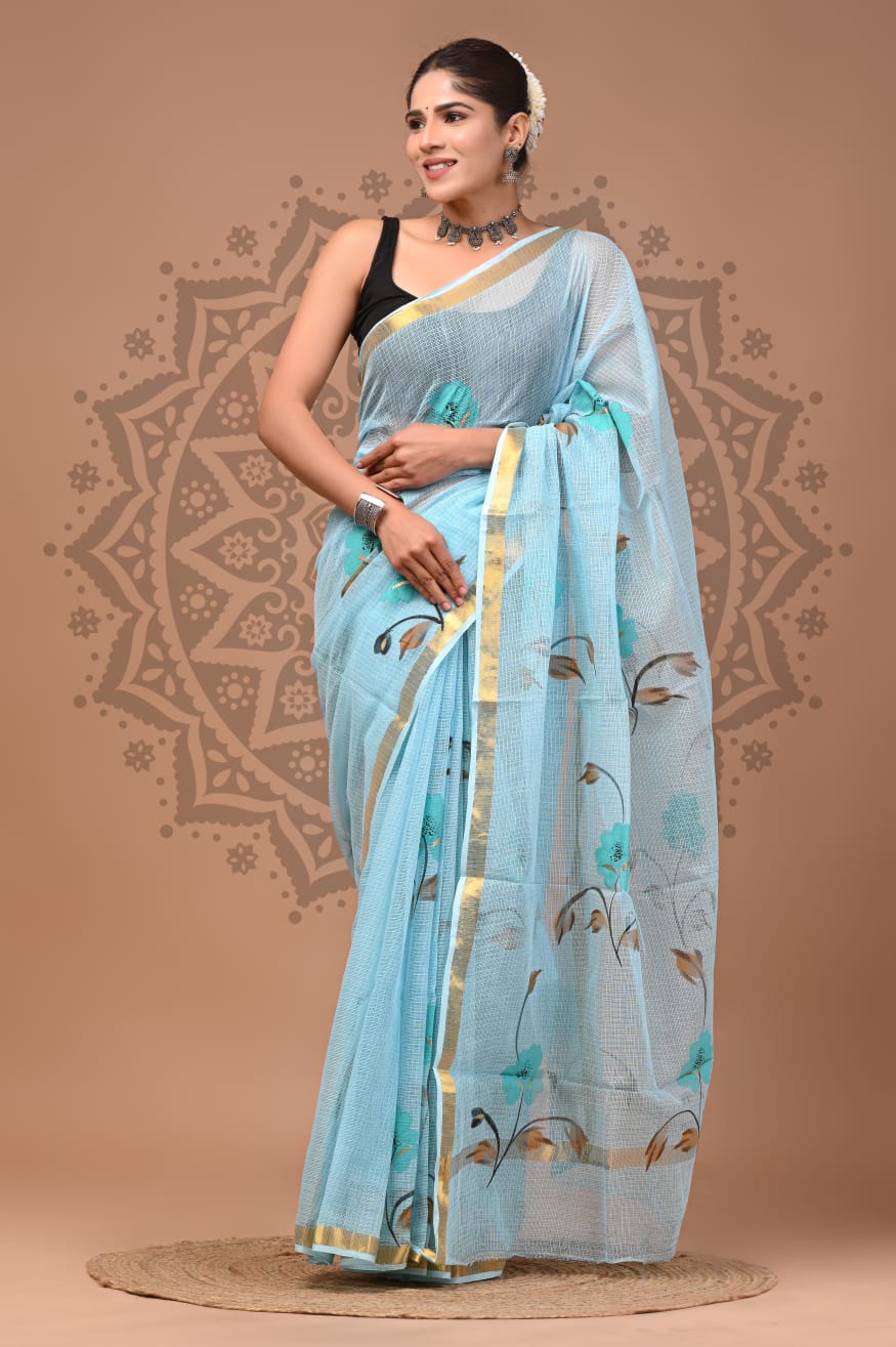 Skyblue Digital Print Mul Cotton Saree With Unstitched Blouse Piece