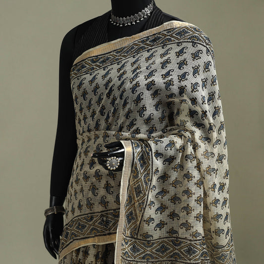 White & Black Azrak Print Mul Cotton Saree With Unstitched Blouse Piece