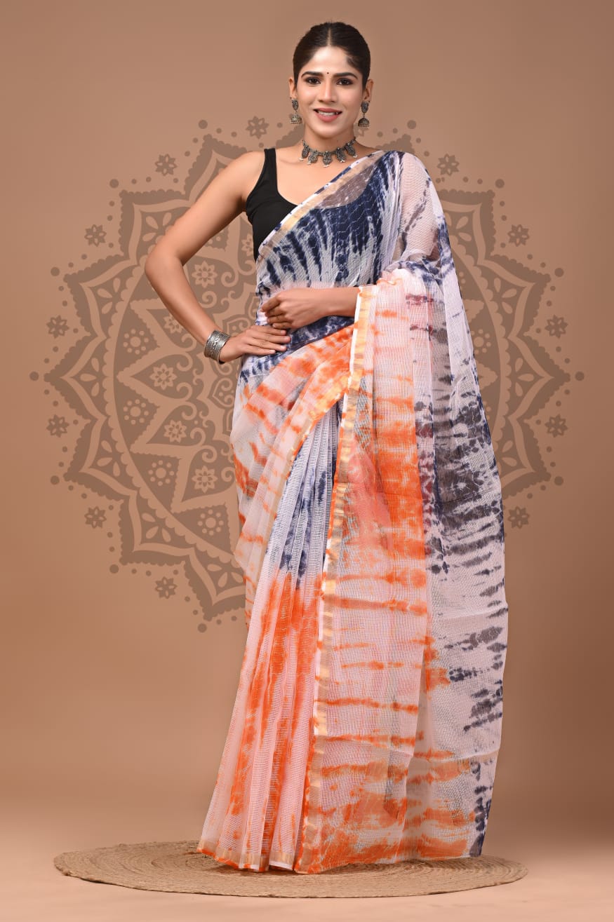 Orange Black Lehriya Print Cotton Saree