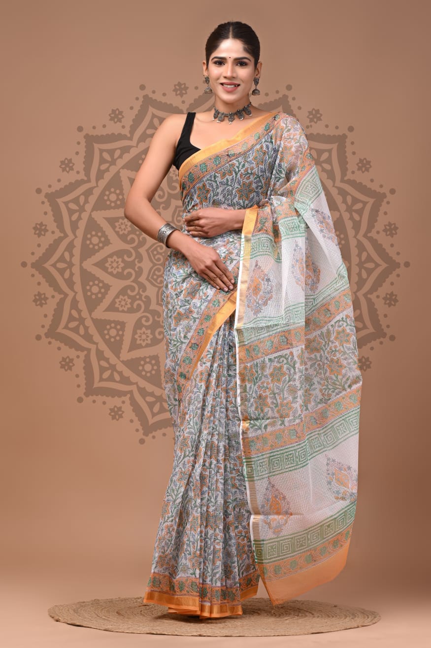 White Flower Print Cotton Saree