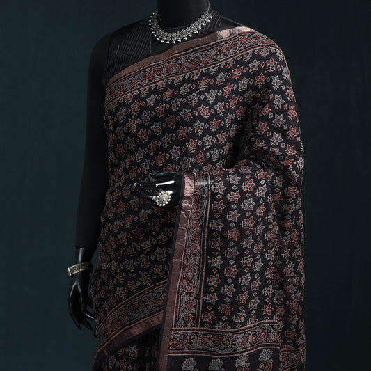 Multicolor Azrak Print Mul Cotton Saree With Unstitched Blouse Piece
