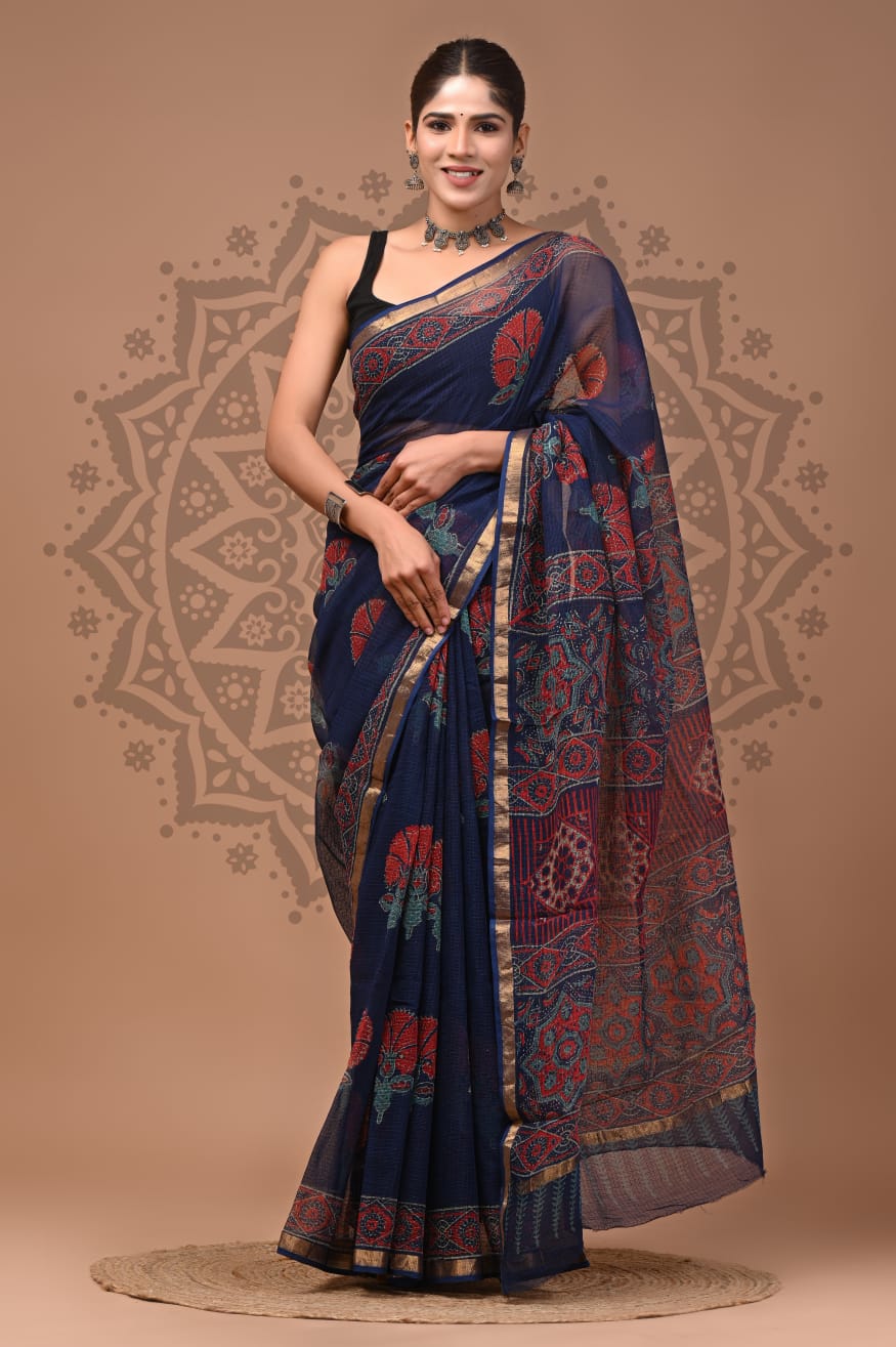 Navy Blue Flower Print Cotton Saree