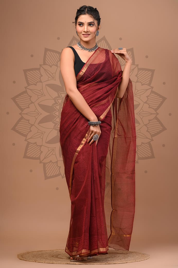 Maroon Micro Flower Print Cotton Saree