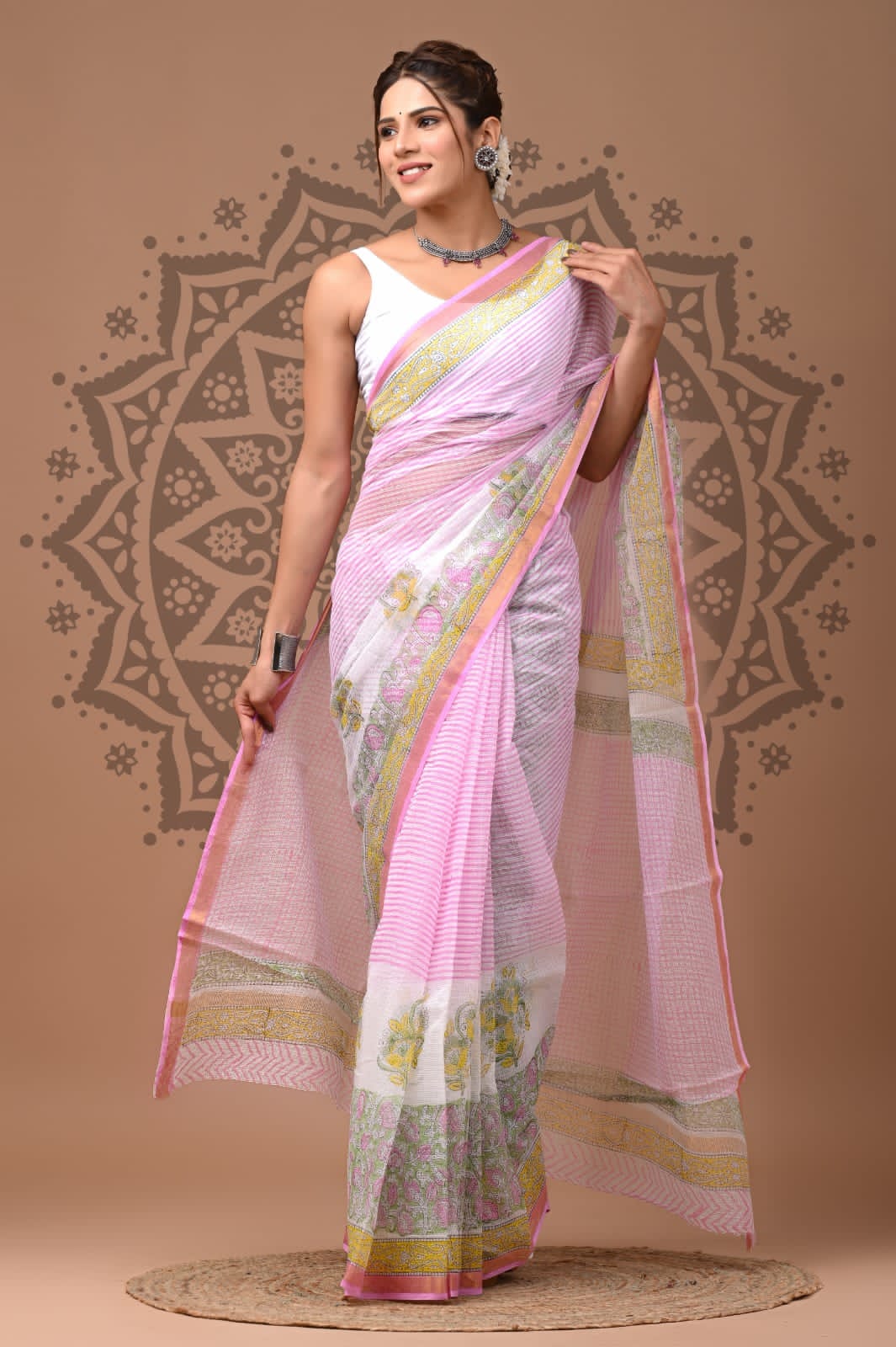 Pink Flower Print Cotton Saree