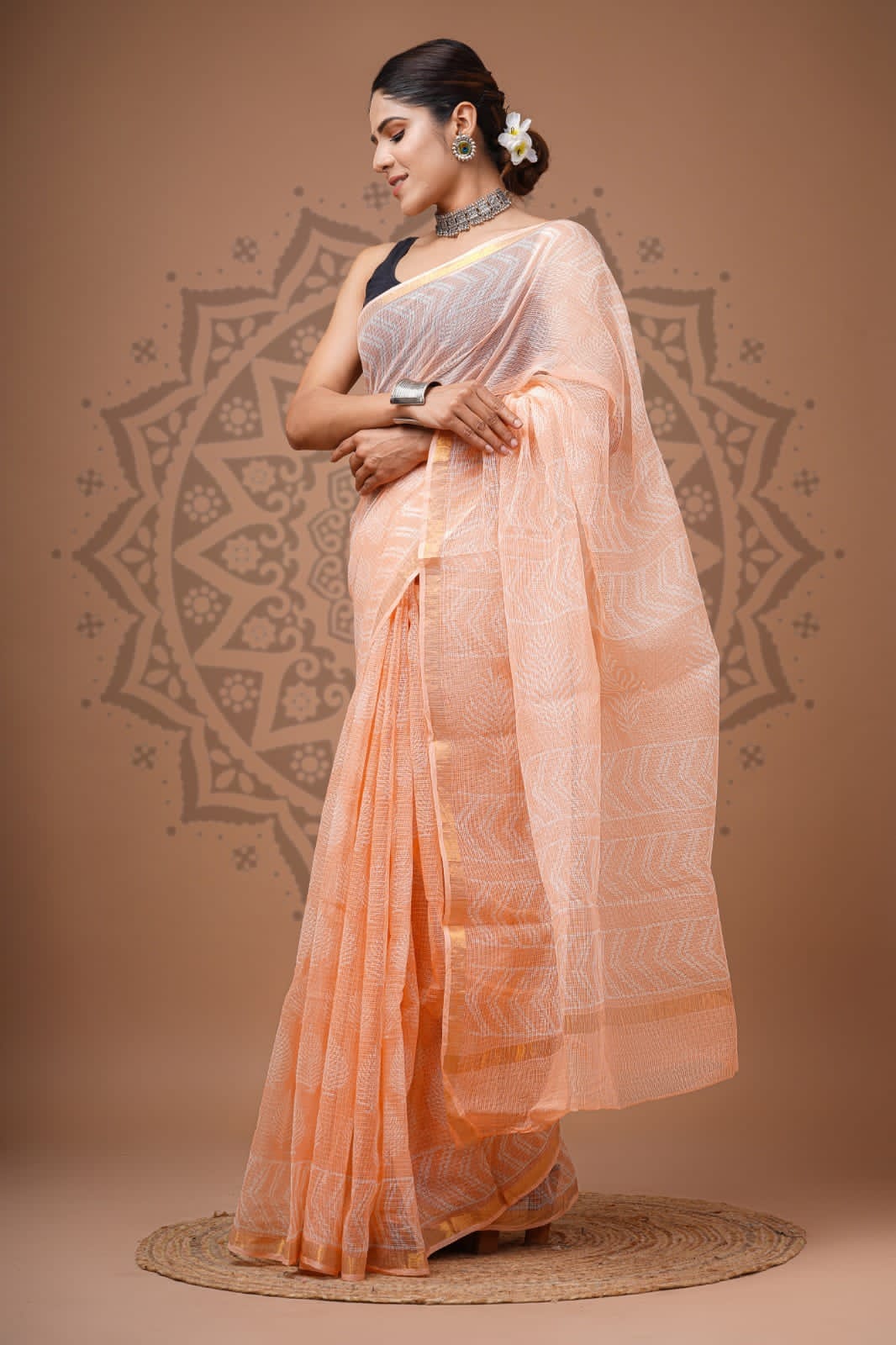 Light Orange Flower Print Cotton Saree