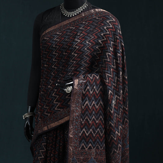 Multicolor Azrak Print Mul Cotton Saree With Unstitched Blouse Piece