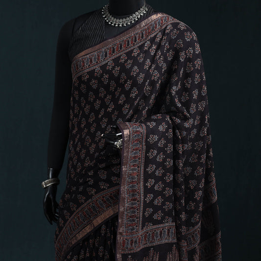 Multicolor Azrak Print Mul Cotton Saree With Unstitched Blouse Piece