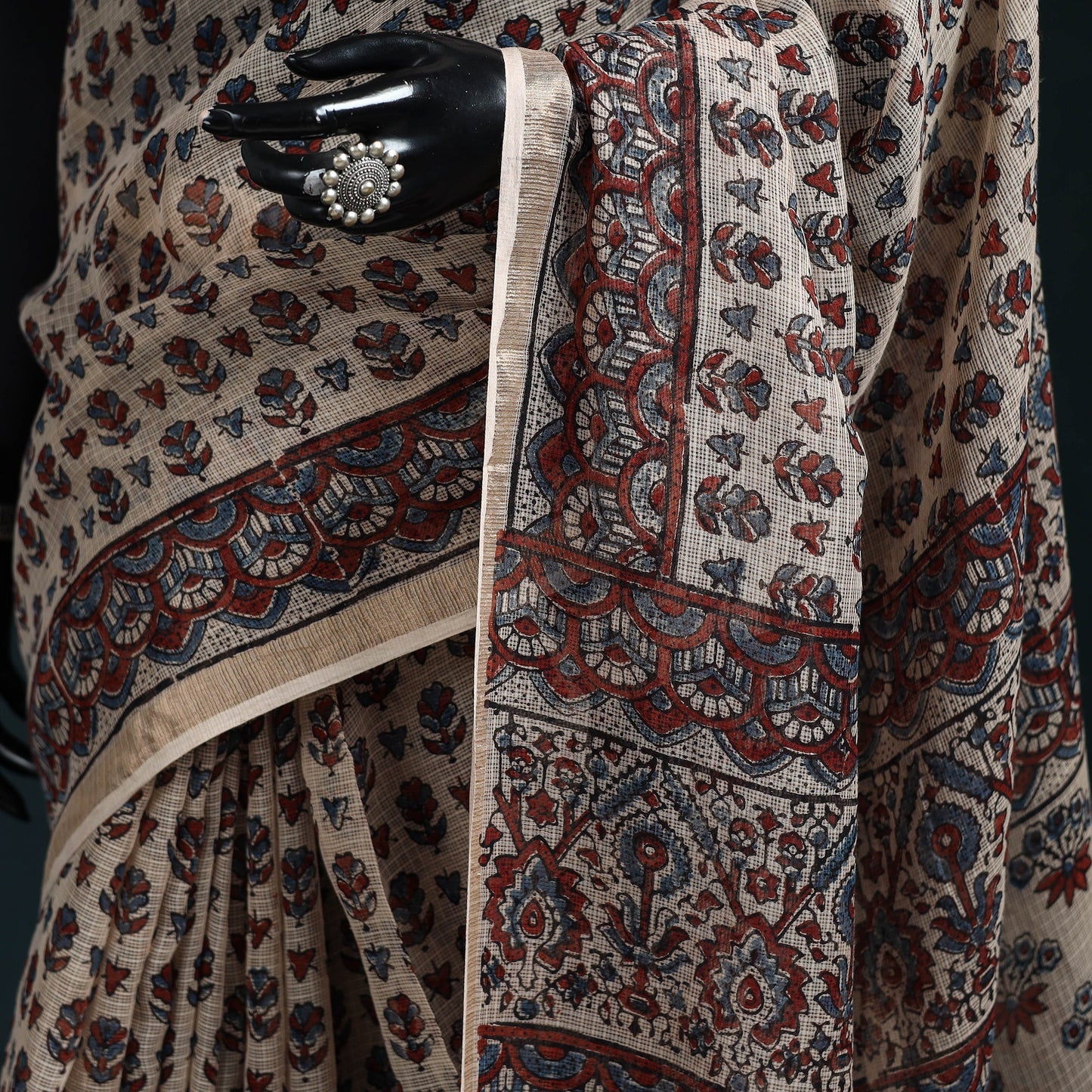 Multicolor Azrak Print Mul Cotton Saree With Unstitched Blouse Piece