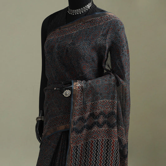 Multicolor Azrak Print Mul Cotton Saree With Unstitched Blouse Piece