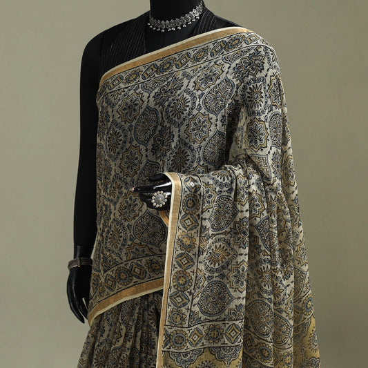 Multicolor Azrak Print Mul Cotton Saree With Unstitched Blouse Piece