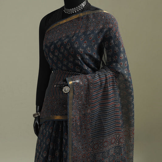 Multicolor Azrak Print Mul Cotton Saree With Unstitched Blouse Piece