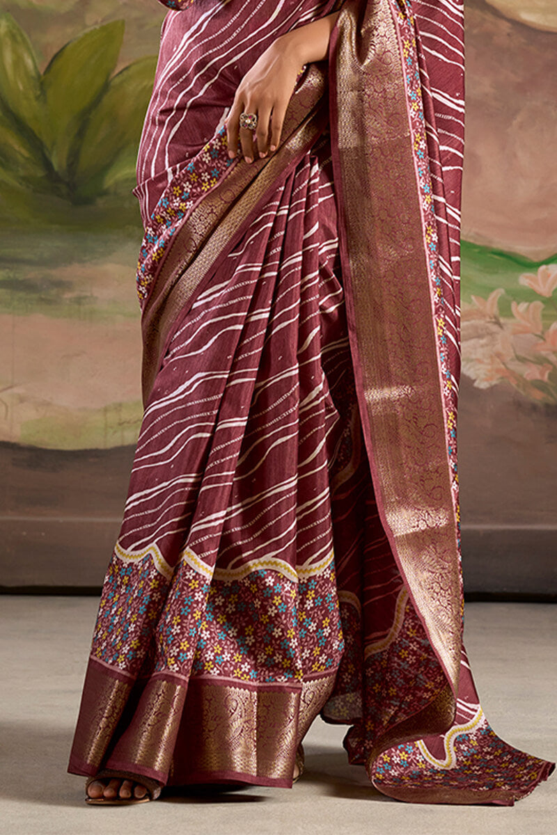 Regal Wine Digital Printed Dola Silk Saree With Designer Blouse Piece for Festive Wear