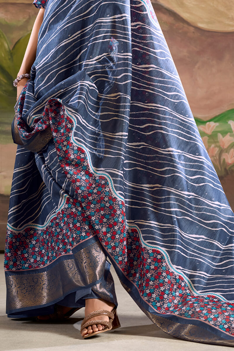 Luxury Blue Digital Printed Dola Silk Saree With Fancy Designer Blouse Piece
