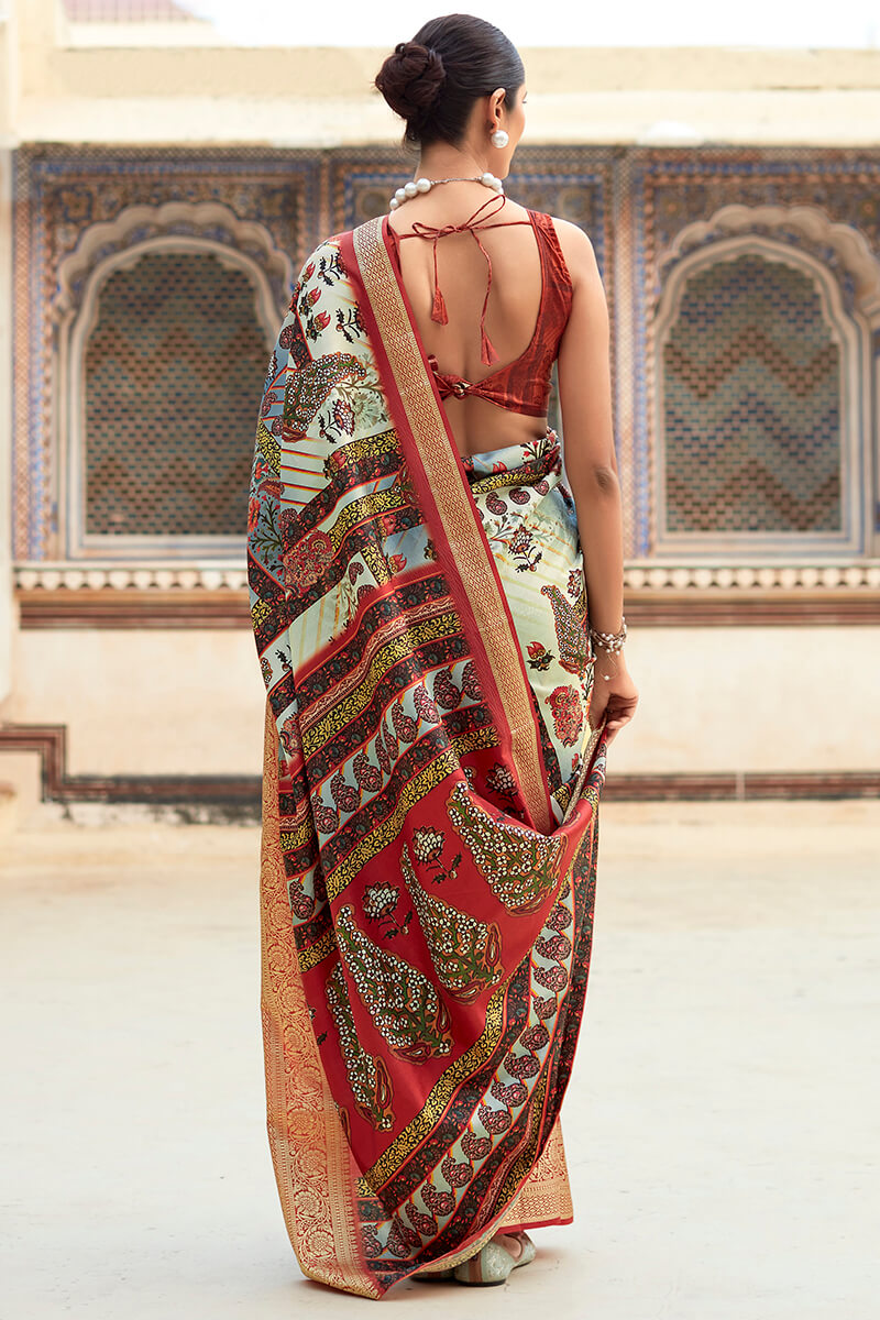 Elegant Beige Dola Silk Saree With Digital Floral Print & Blouse Piece DLS004